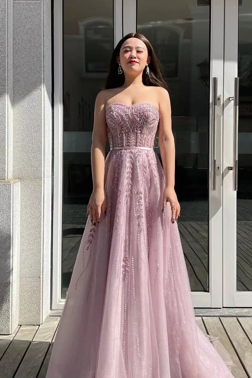Gorgeous Pink Strapless Sweetheart A-Line Long Prom Dress With Beadings Sequins |Ballbellas Ballbellas
