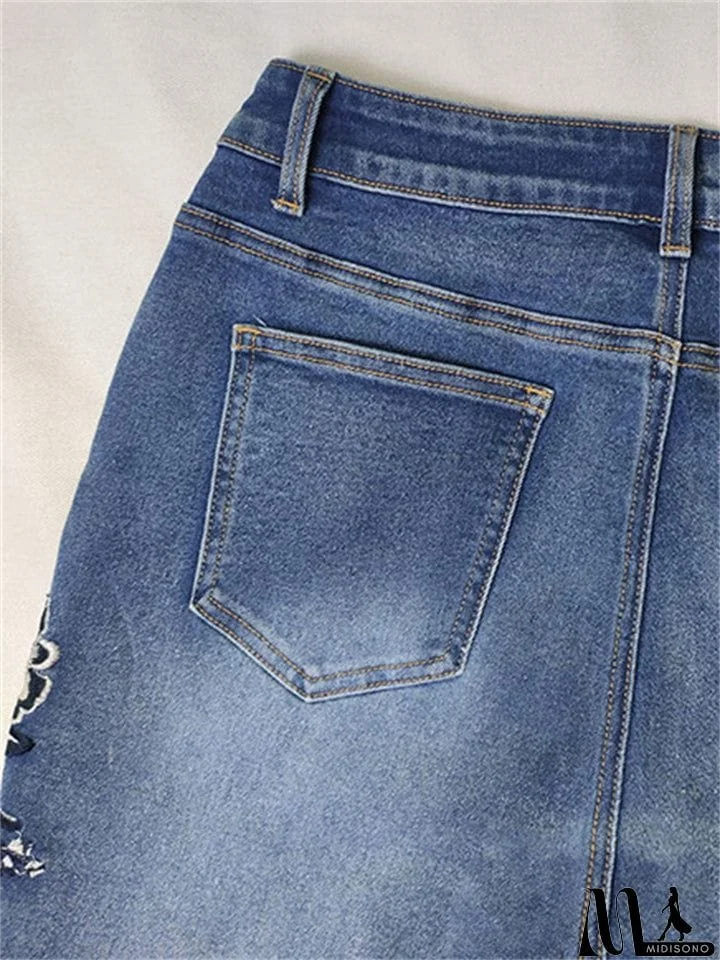 MidiSono - Women's Vintage Floral Embroidery Slim Fit Micro Flared Jeans