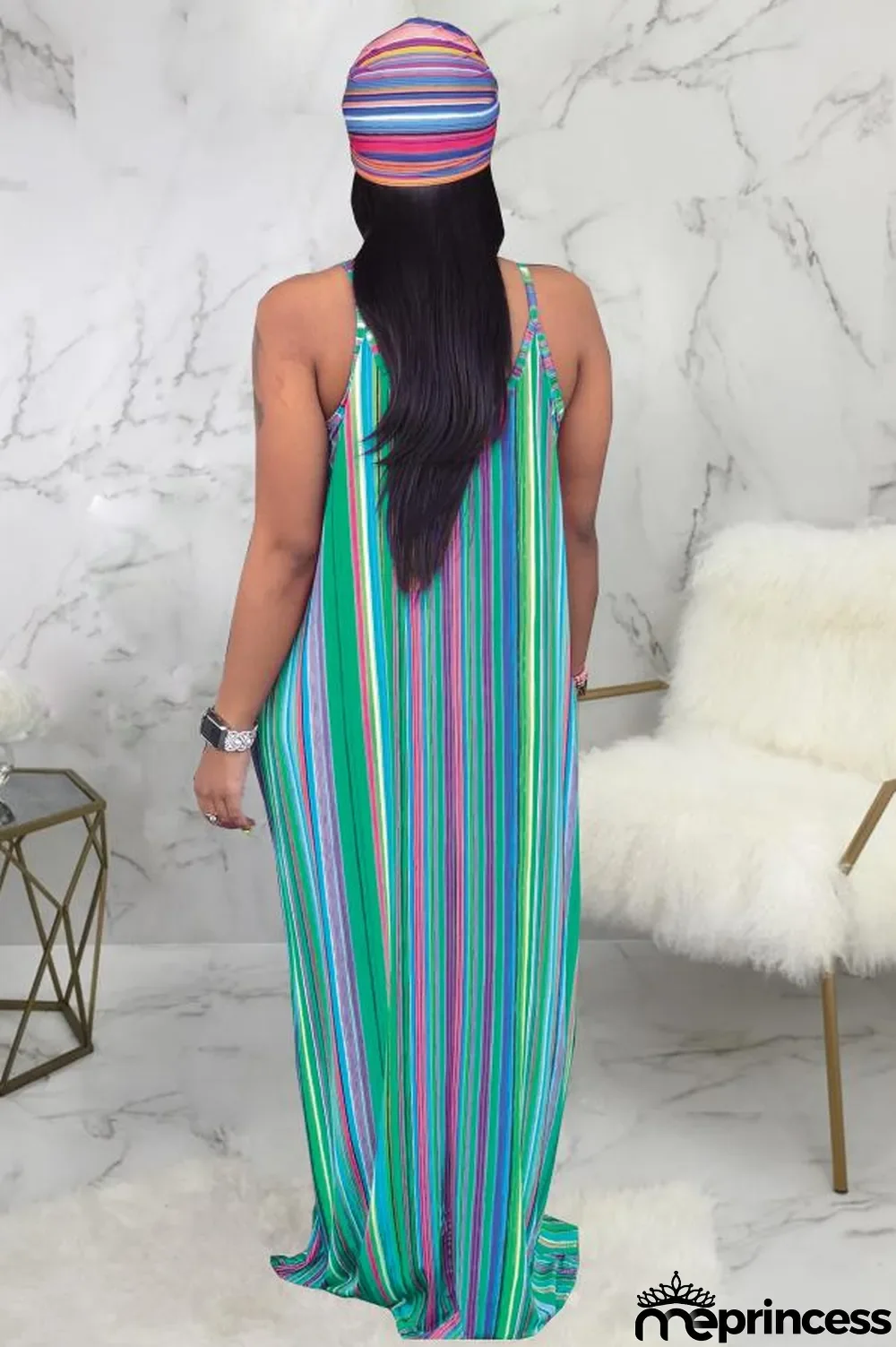 Green Polyester Sexy Fashion Tank Sleeveless Slip A-Line Floor-Length Print asymmetrical Striped Patchwork