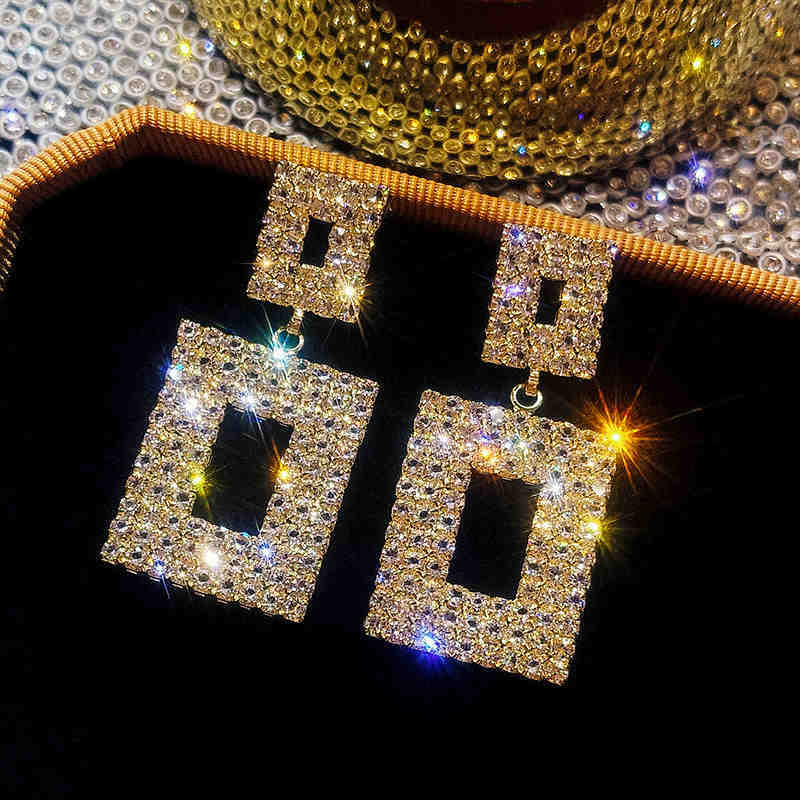 Spontenus Luxury Shining Crystal Drop Earrings Gold Color  Silver Plated Square Rhinestone Dangle Earrings for Women Wedding Party Jewelry