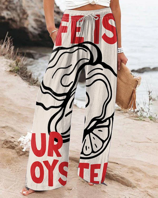 LIFE IS UR  OYSTER Print Wide Leg Pants