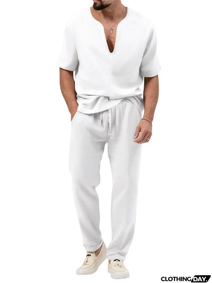 Chic V-neck Short-sleeved T-shirt + Pants Men's Casual Set