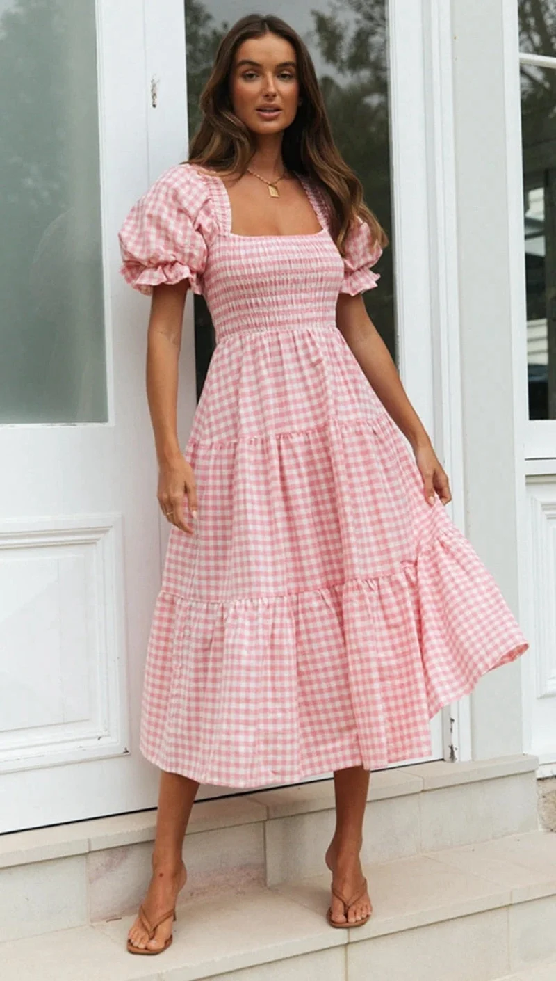 Toloer Plaid Puff Sleeve Midi Dress-Outfit Ideas