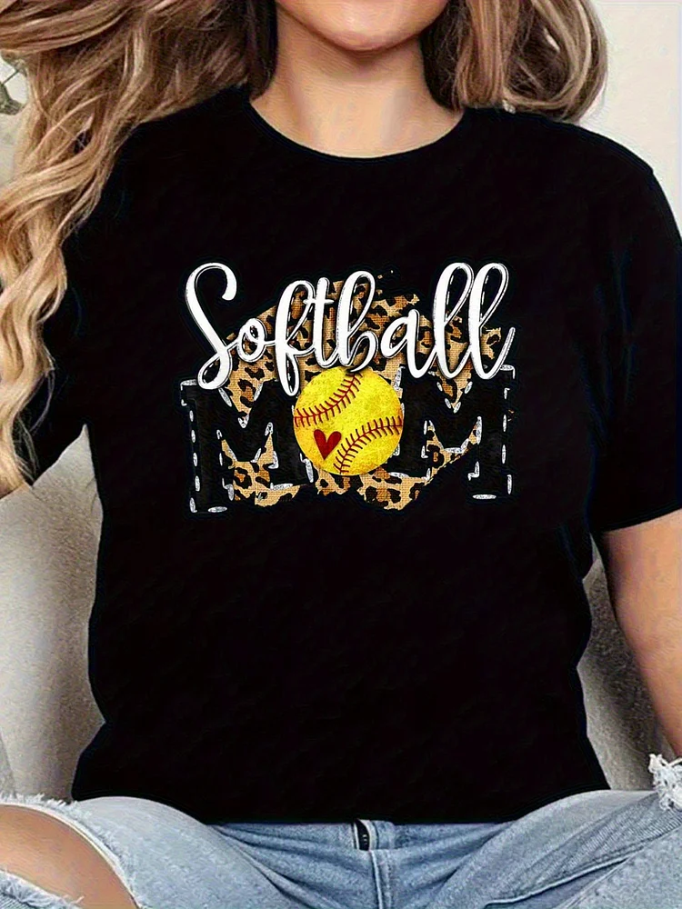 Women's Softball Graphic T-Shirt - Black Tee With Softball Text, Leopard Print, Casual S Apparel For Female Athletes & Fans - Spring/Fall/Summer Everyday Shirt, Playful Design, Comfortable Fit, Leisurewear, Cute Sportsinspired Top, Breathable Fabric