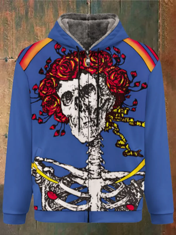 Unisex Skull Print Double Layer Fleece Zip-Up Hooded Jacket