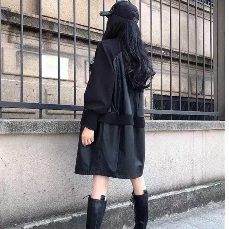 Huiketi V Neck Leather Jacket Women Black Fashion Medium And Long Windbreaker Spring Autumn Loose Splicing Skin Trench Coat