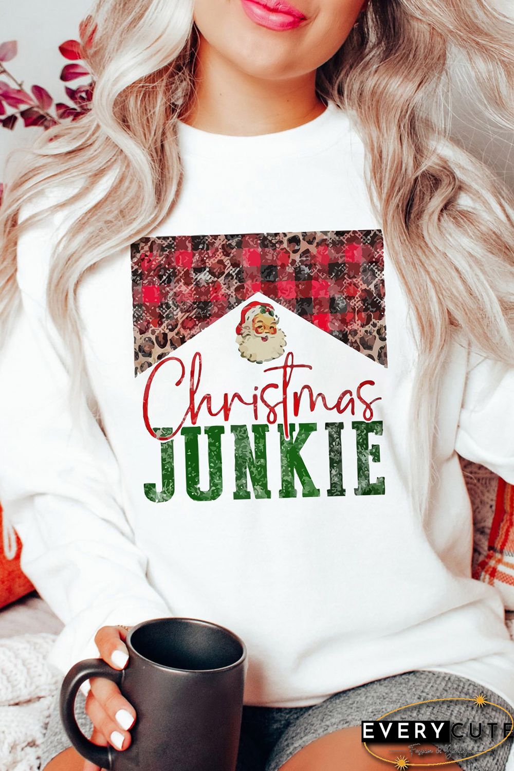 White Christmas JUNKIE Plaid Print Pullover Sweatshirt