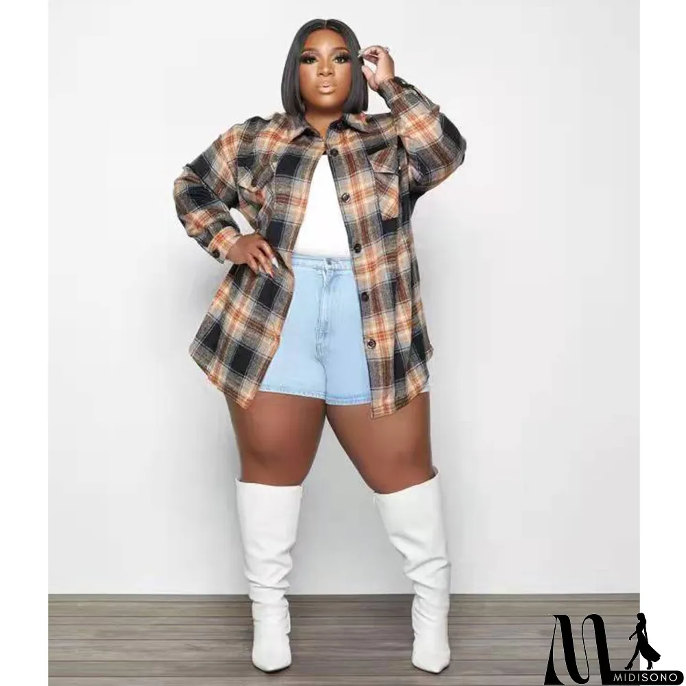 MidiSono - Plaid Long Sleeve Loose Shirt Top