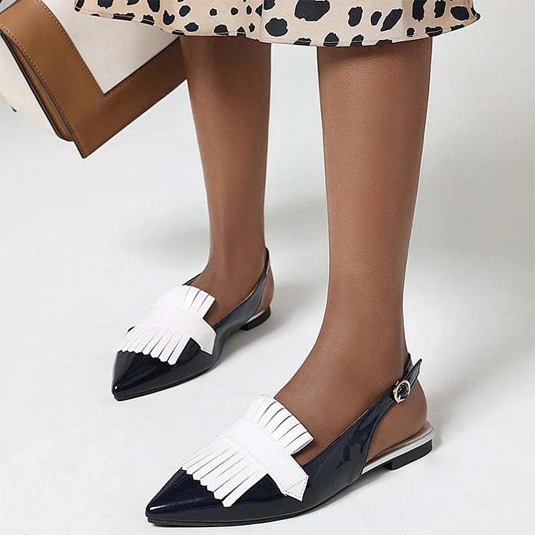 Black & White Slingback Flat Shoes Pointy Toe Fringe Buckle Flats |FSJ Shoes