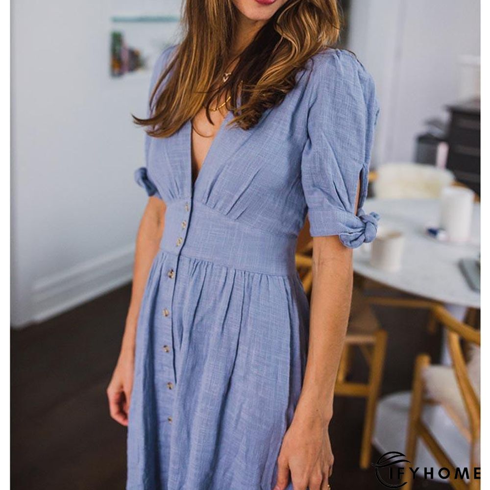 V neck plunge women dress Side slit button up summer dress Fashion bohemian dress midi vestidos mujer | IFYHOME