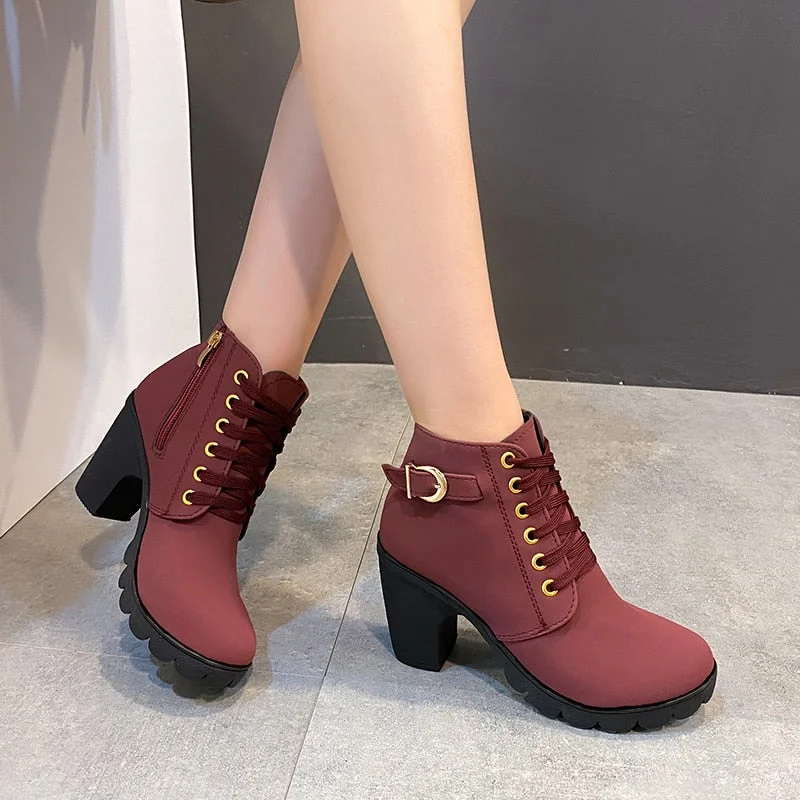 New Spring Winter Women Pumps Boots High Quality Lace-up European Ladies Shoes PU High Heels Boots Fast Delivery