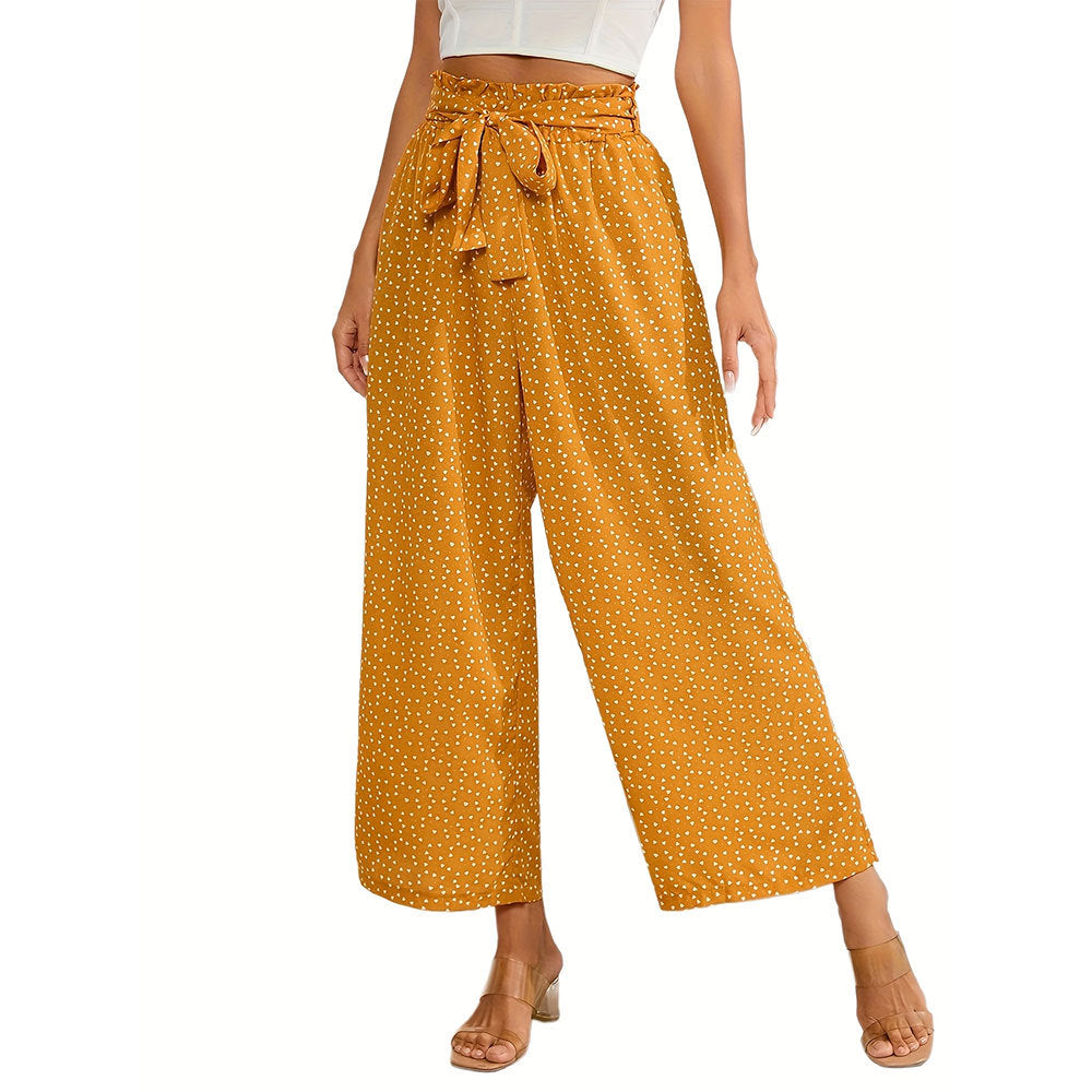 Women Floral Pants Loose Waist Lace up Casual Yellow Thin Summer Straight Women Trousers