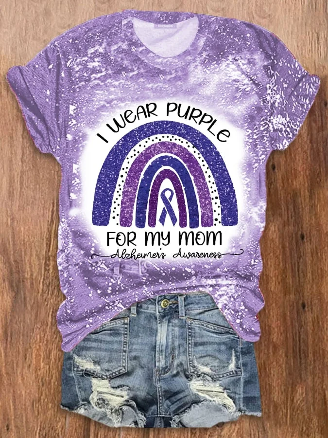 Women's I Wear Purple For My Mom Alzheimer's Awareness Bleach Print Tee socialshop