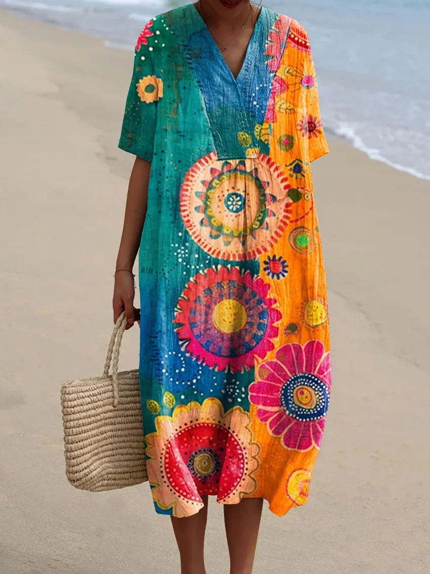 Women's Vintage Love And Peace Flower Art Print Flowy Dress