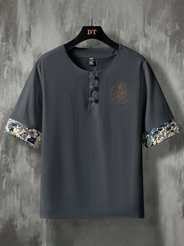 Men's Wave Pattern Chinese Knot Button Cotton And Linen T-Shirt