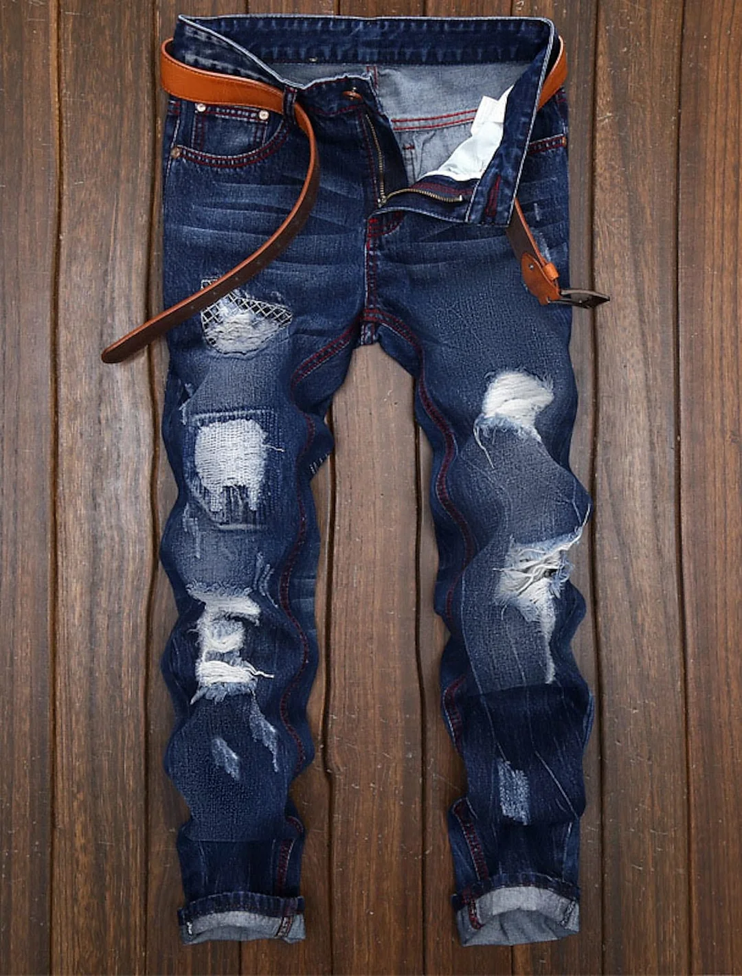 Men's Jeans Trousers Dark Wash Jeans Distressed Jeans Ripped Jeans Pocket Ripped Gradient Full Length Casual Daily Cotton Denim Vintage Streetwear Slim Deep Blue Micro-elastic