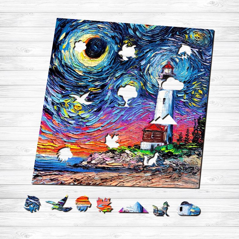 Jeffpuzzle™-JEFFPUZZLE™ Van Gogh Starry Sky - Lighthouse Wooden Puzzle