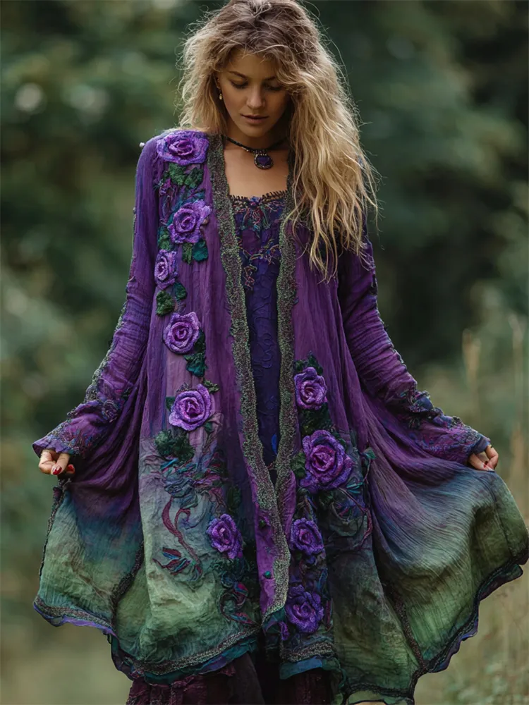 Vintage Purple Roses Embroidered Gradient Flowy Cardigan