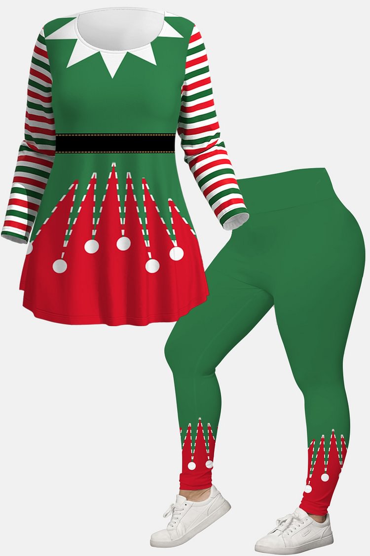 Flycurvy Plus Size Christmas Green Clown Sash Belt Striped Print Two Piece Pant Set  flycurvy [product_label]