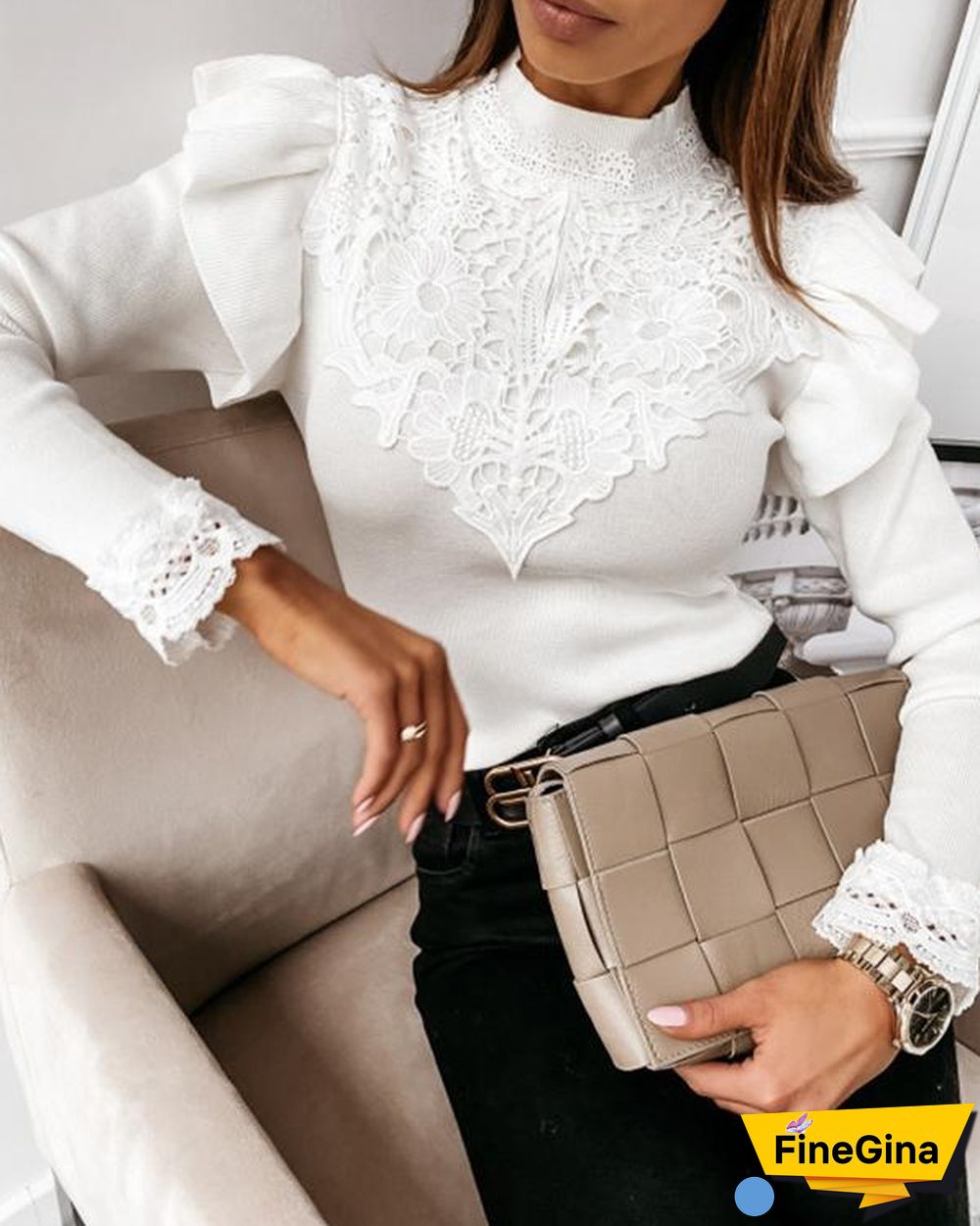 Long Sleeve Round Neck Lace Decorative Solid Color Shirt