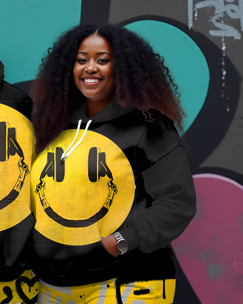 Couple Plus Size Street Music Smiley Doodle Print Hoodie Set