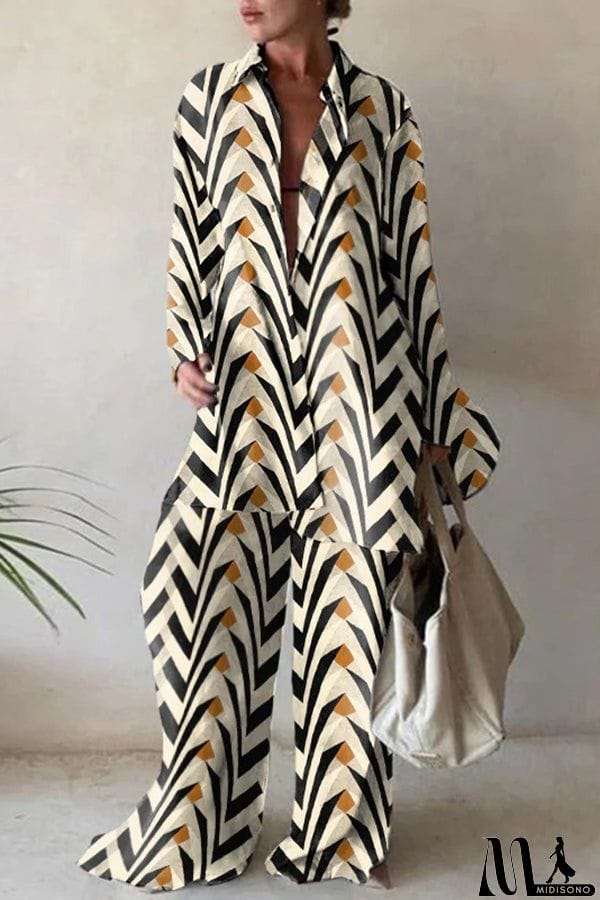 MidiSono - Fashion Print Loose Long Sleeve Shirt + Straight Pants Two Piece Set