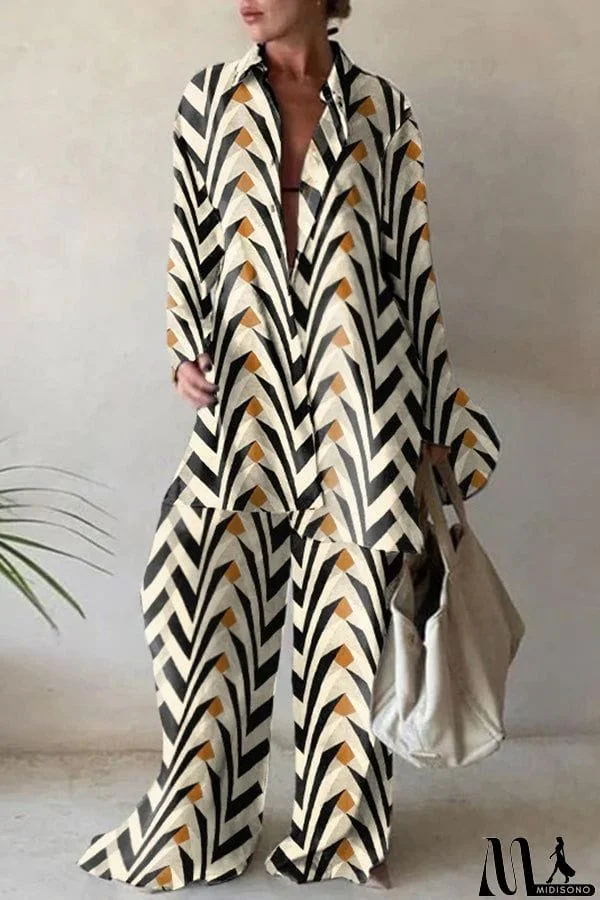 MidiSono - Fashion Print Loose Long Sleeve Shirt + Straight Pants Two Piece Set