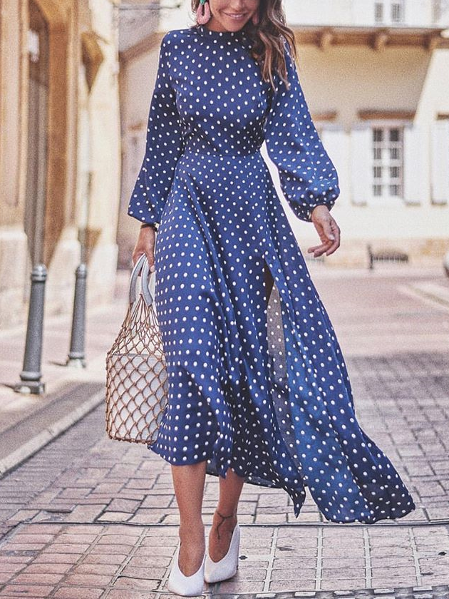 Fashion Round Collar Blue Dot Slit Maxi Dress