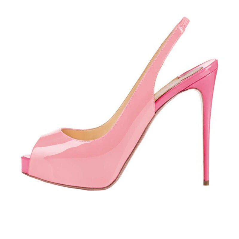 TAAFO Pink High Stiletto Thin Heels Peep Toe Patent Leather Platform Women Slingback Pumps Dress Office Lady Sandals  Shoes