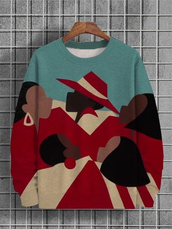 Men's Black People Color Block Art Print Casual Sweatshirt