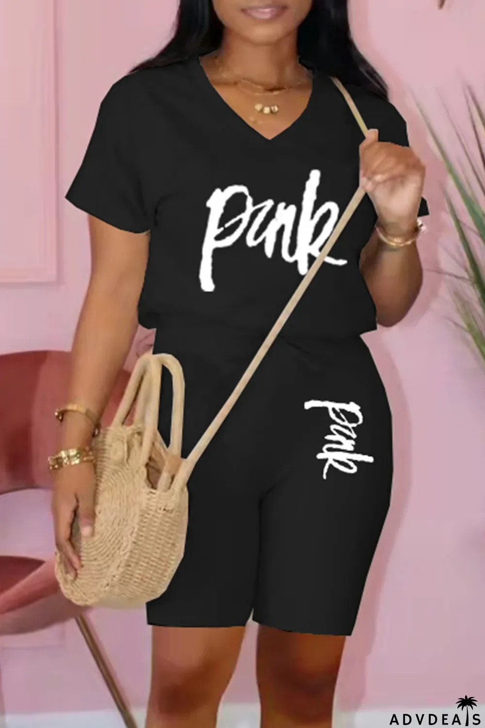 Apricot Fashion Casual Letter Print Basic V Neck Short Sleeve Two Pieces