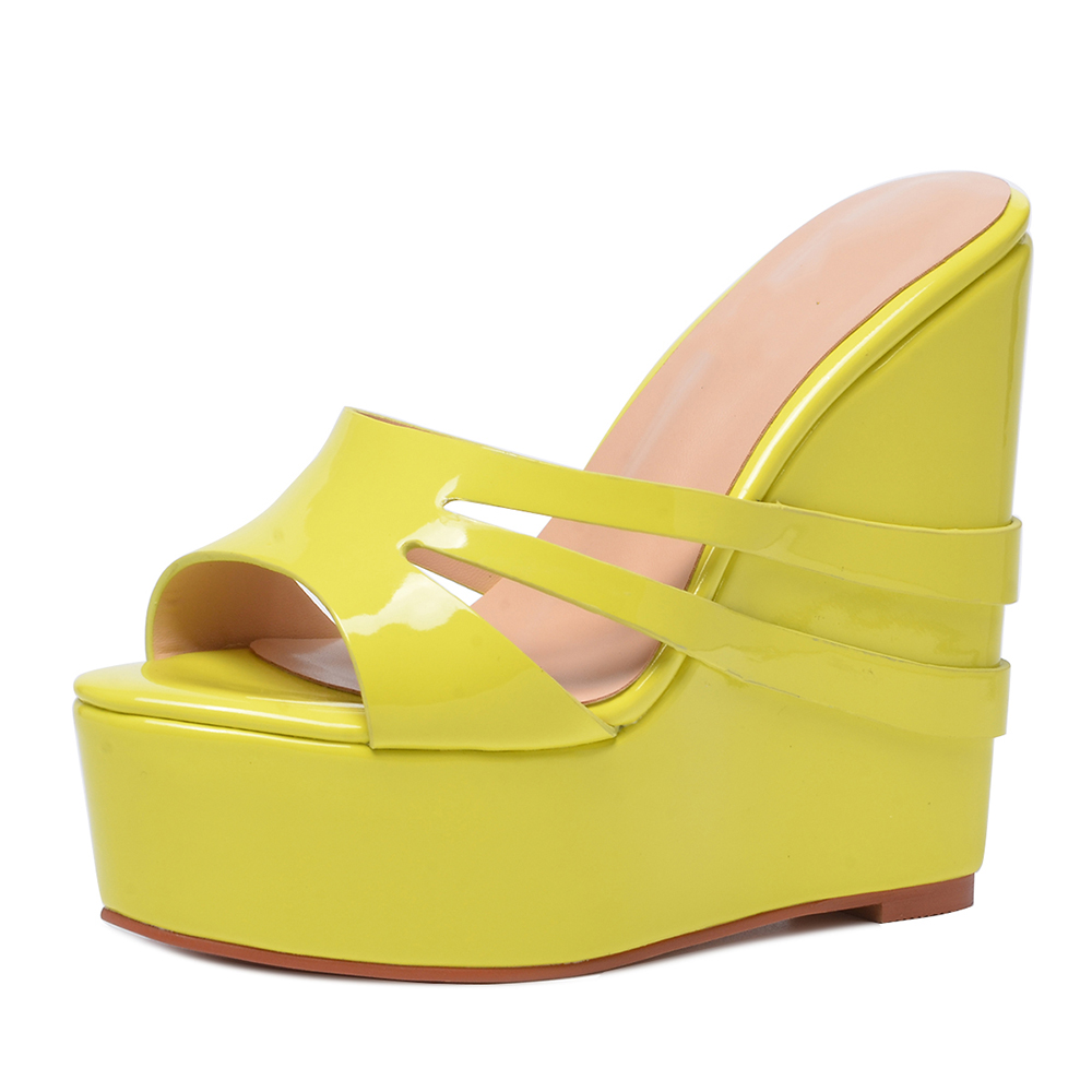 Yellow Round Toe Open Toe Sandal Platform Wedge Mules