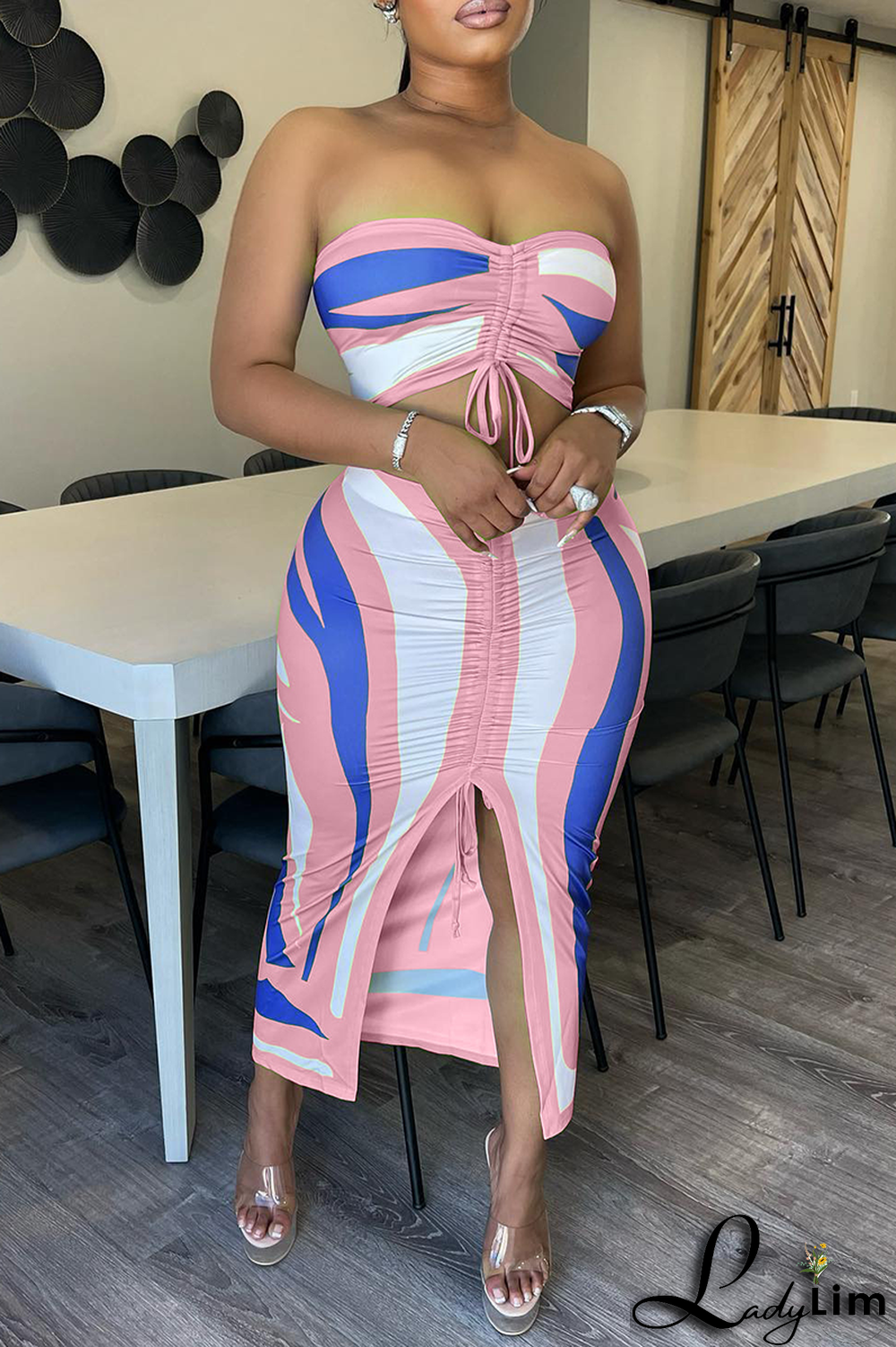 Pink Sexy Print Patchwork Strapless Sleeveless Two Pieces