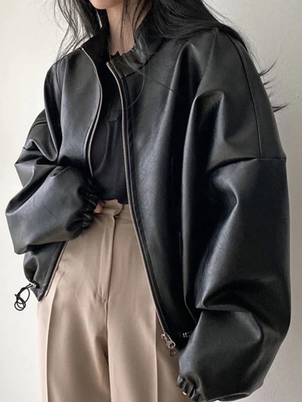 Brownm Black Leather Jacket with Drawstring and Collar Collar
