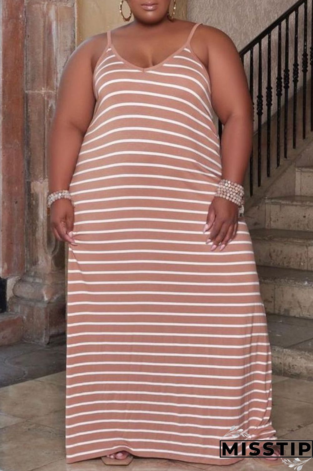 Deep Blue Sexy Casual Striped Print Basic Spaghetti Strap Long Dress Plus Size Dresses