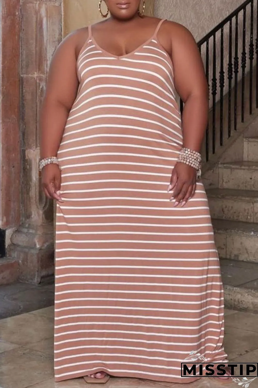 Deep Blue Sexy Casual Striped Print Basic Spaghetti Strap Long Dress Plus Size Dresses