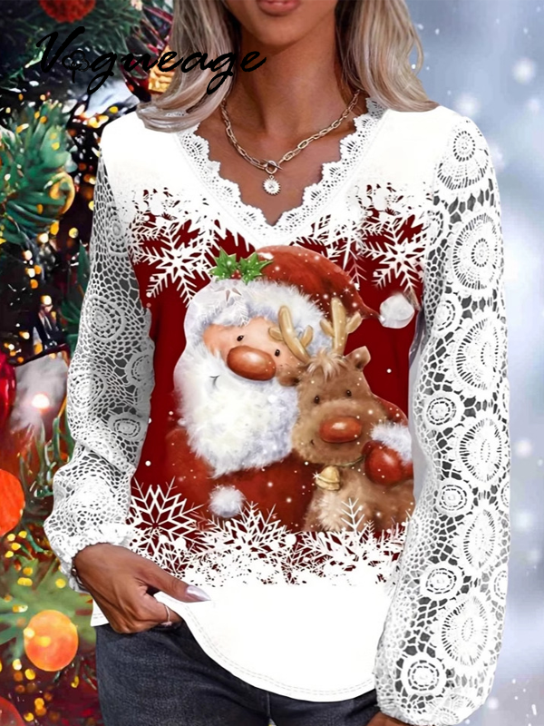 Women's Funny Santa and Elk Pattern Printed Cotton Linen Shirt
