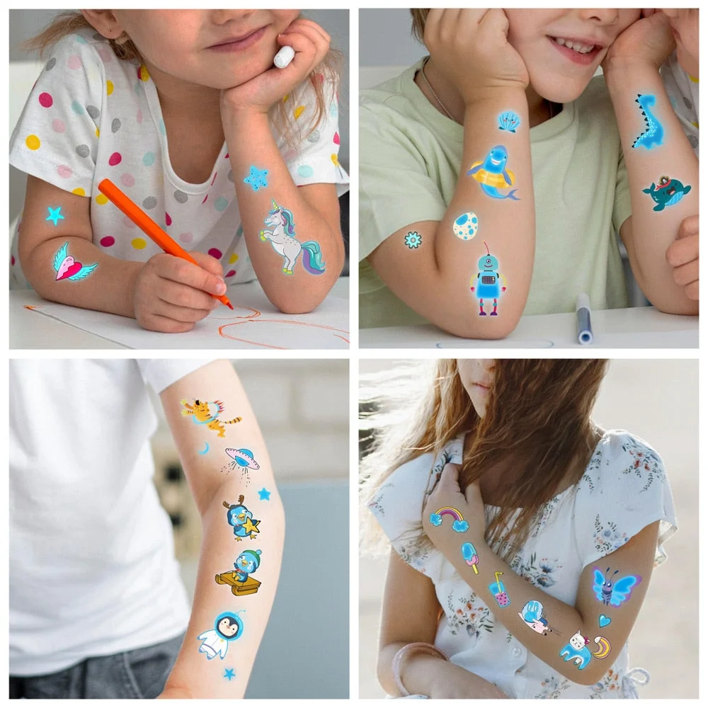 European and American children waterproof tattoo stickers cute dinosaur mermaid cartoon blue luminous temporary tattoo stickers