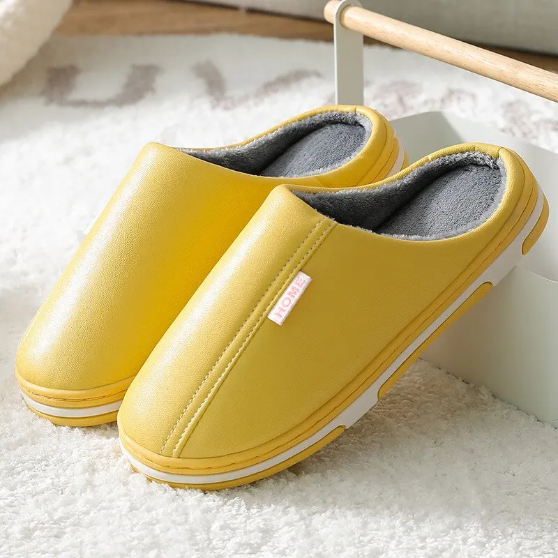 Men's Slippers Waterproof Men Slippers Leather Velvet Short Plush Indoor Fur Slippers Large Size Couple Shoes for Home