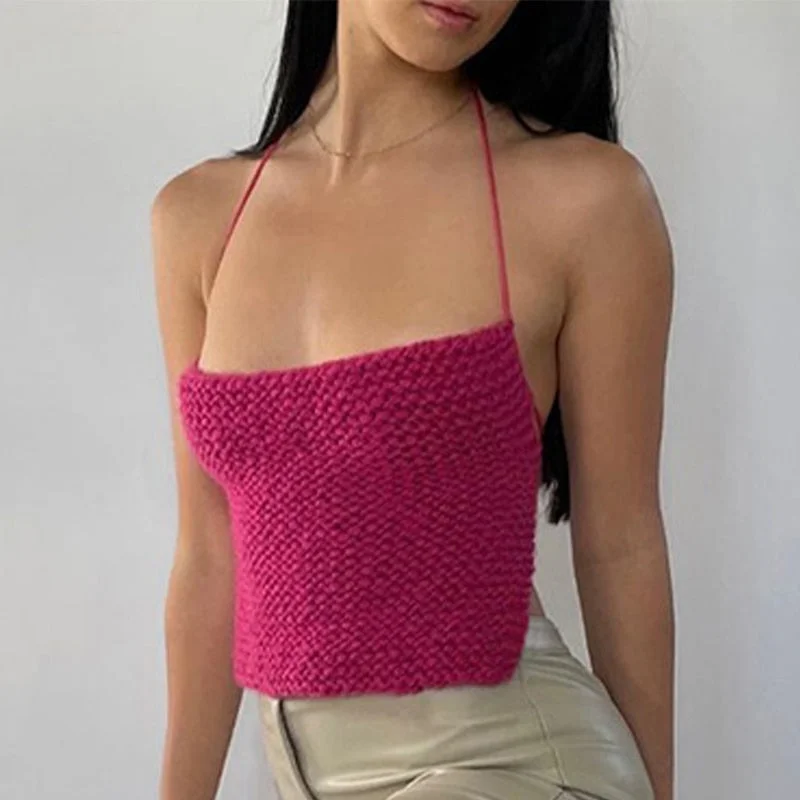 Back to School Elegant Sleeveless Knitted Tank Top Women 2023 Summer  Backless Halter Camisole Female Party Y2K Off Shoulder Lady Crop Tops