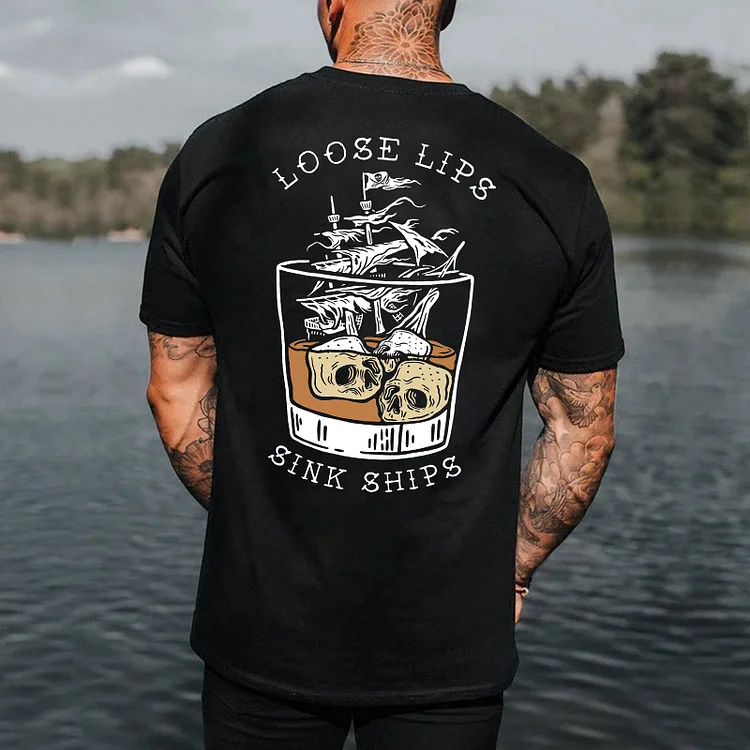 MOTOSUNNY LOOSE LIPS SINK SHIPS Skulls Ship in the Water Graphic Black Print T-shirt 0fb8