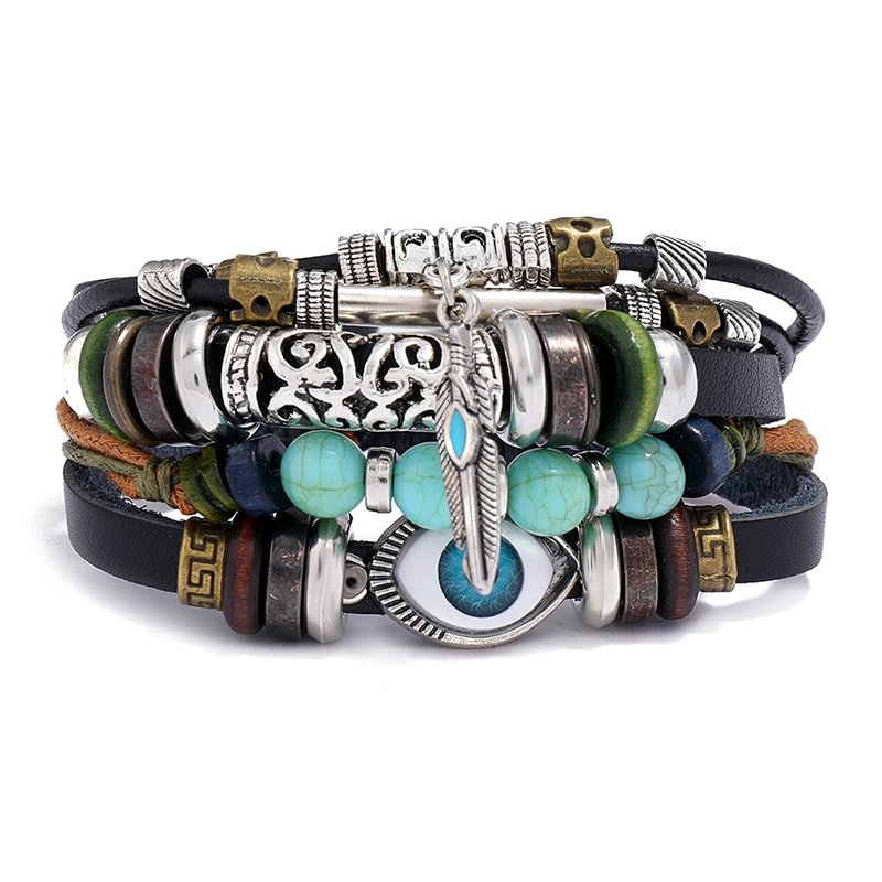 Men's multi-layer beaded blue eyes cowhide bracelet