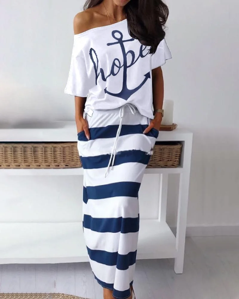Boat Anchor Print Top & Striped Skirt Sets