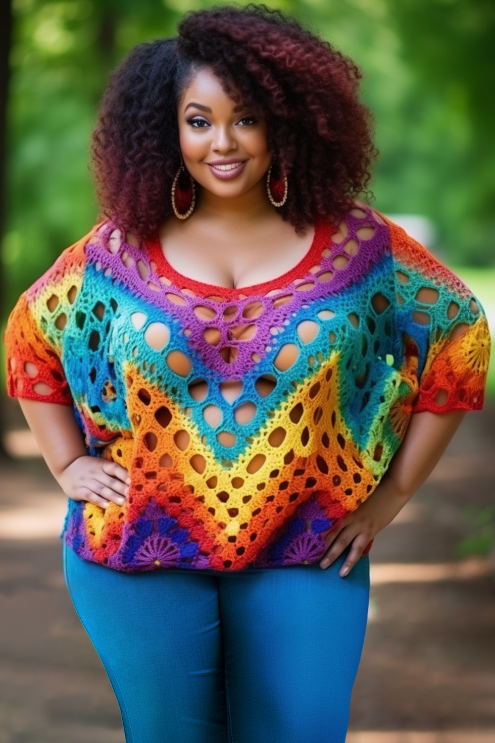 Design Plus Size Beach Casual Colorblock Spring Summer Round Neck Half Sleeve Hollow Crochet Blouses [Pre-Order]