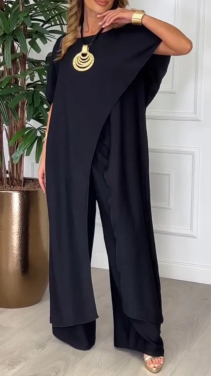 Women's Round Neck Irregular Long Top+pants Casual Suit