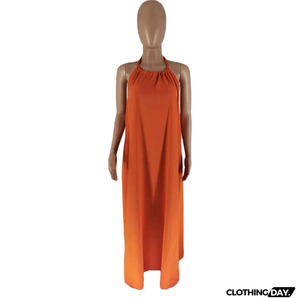 Summer Women's Sleeveless Halter Neck Sexy Low Back Solid Color Maxi Dress