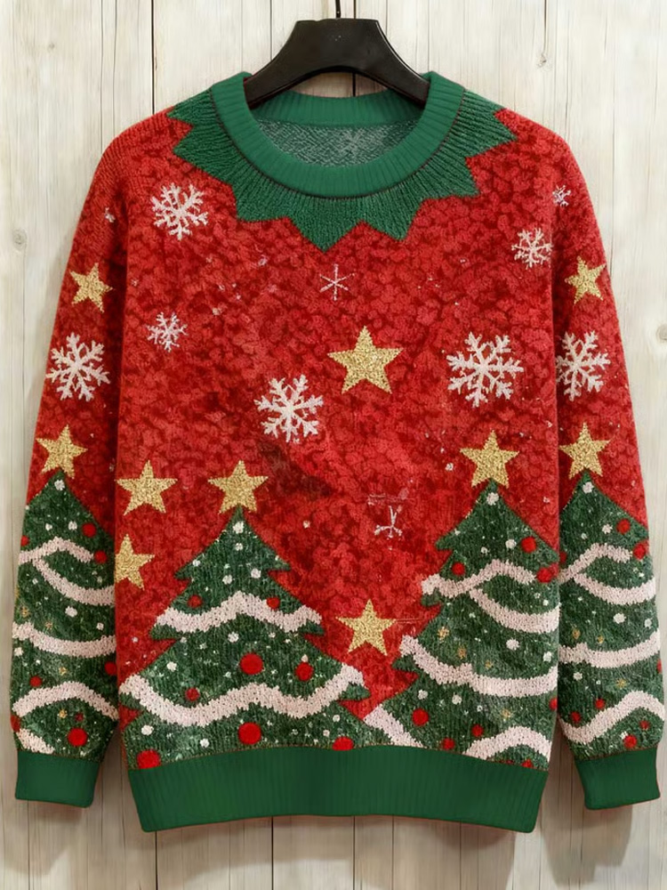 Christmas Tree Snowflake Print Crew Neck Sweater elevenforest