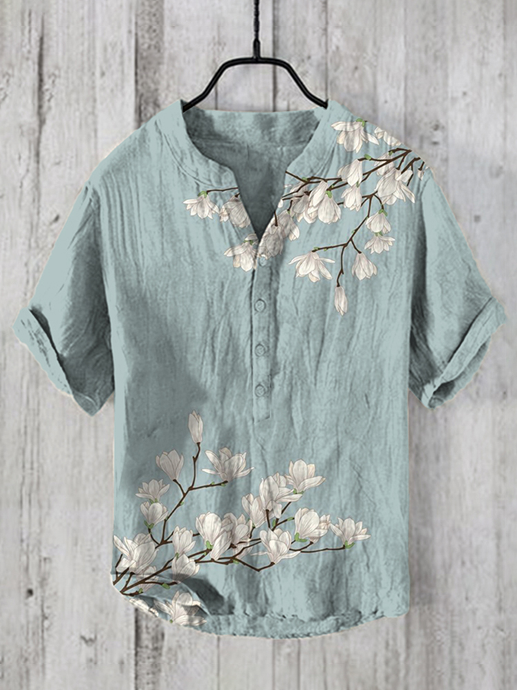 Comstylish Men's Vintage Japanese Art Magnolia Flower V Neck Casual Linen Blend Shirt