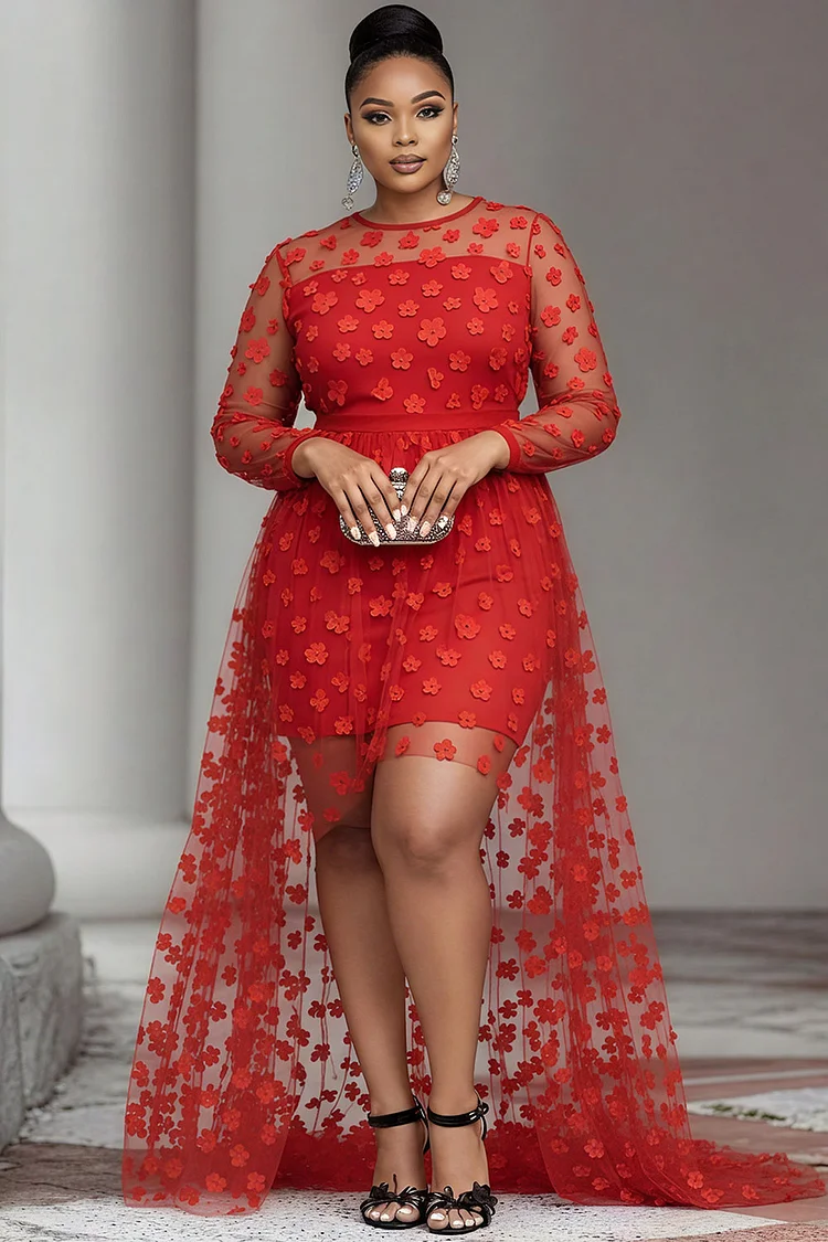 Xpluswear Design Plus Size Party Black Round Neck Long Sleeve High Low Hem Elegant See Through Tulle Mini Dresses [Pre-Order]