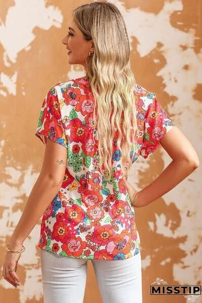 Printed Notched Short Sleeve Blouse